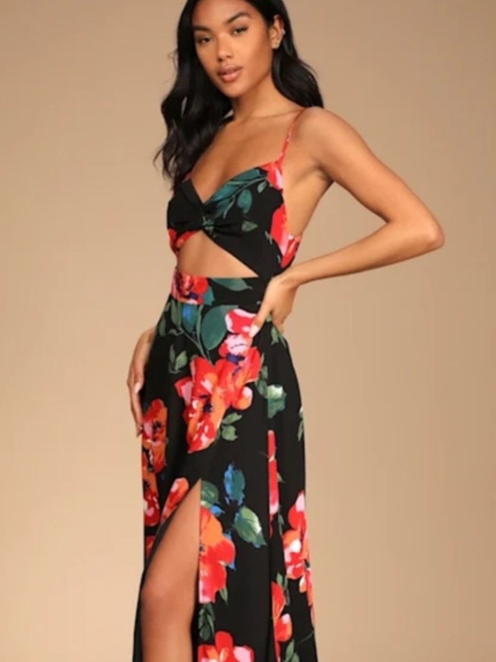 Lulus Black Floral Cutout Tie-Back Maxi Dress Size Small